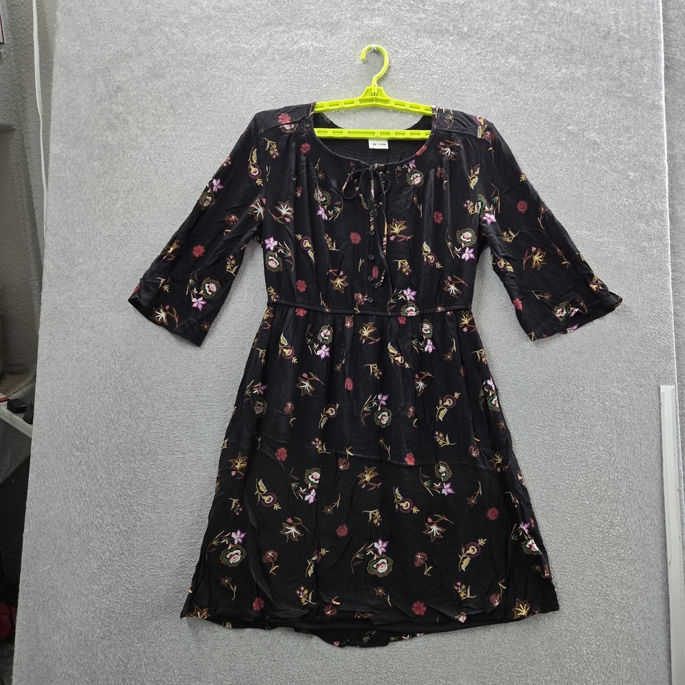 Old Navy Women Dress L Black Embroidered Floral Fit & Flare Button 3/4 Sleeve